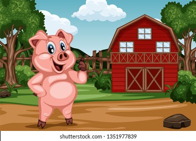 Cartoon Farm Scene with a Barn and Different Farm Animals. Funny Vector  Illustration with Happy Pig Standing in front of Fence and Shed