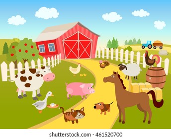 cartoon farm scene illustration with domestic pets, animals and birds, trees, sky and clouds, tractor on a hill. vector