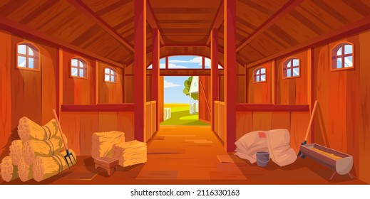 Cartoon farm stable or barn interior, vector haystack and hayloft. Barn interior of ranch or farmhouse with wooden walls, horse stalls, hay or straw, feed trough, sacks, open gate and farmer tools