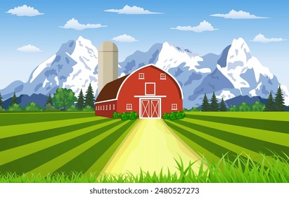 Cartoon farm Summer mountain landscape, red barn on a green hill, Farm flat landscape. Organic food concept for any design