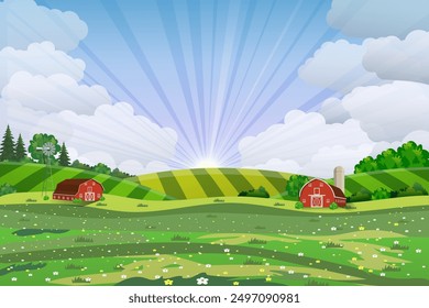 Cartoon farm Summer mountain landscape, red barn on a green hill, Farm flat landscape. Organic food concept for any design