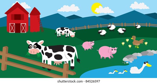 Cartoon farm with various animals throughout the field.