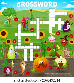 Cartoon farm vegetable wizards and sorcerers, crossword puzzle vector game grid. Find a word education quiz worksheet with cute carrot, tomato, broccoli and garlic, pepper and zucchini characters