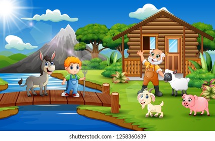 Cartoon of farmer activity in the beautiful park