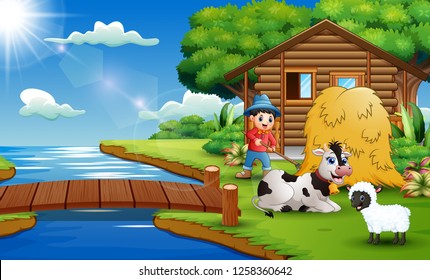Cartoon of farmer activity in the beautiful park