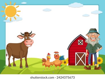 Cartoon farmer with animals and barn scene