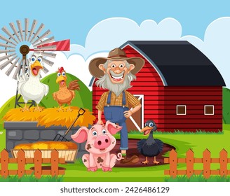 Cartoon farmer with animals in front of barn