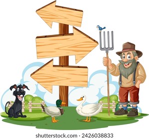 Cartoon farmer with animals near wooden signposts