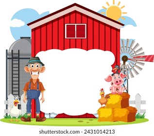 Cartoon farmer with animals on a sunny farm day