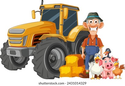 Cartoon farmer, animals, and tractor on a farm