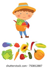Cartoon farmer boy with basket full of harvest and set of vegetables and fruit, vector illustration
