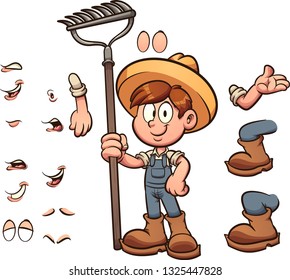 Cartoon farmer boy with different body parts clip art. Vector illustration with simple gradients. Some elements on separate layers. 
