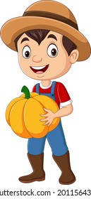 Cartoon farmer boy holding pumpkin