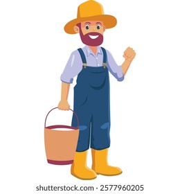 Cartoon Farmer with Bucket in Overalls, Design Inspiration, Character