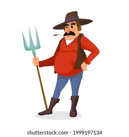 Cartoon farmer character isolated on white background. Flat style vector illustration. Man in the hat holding a hay fork. Cute character design.