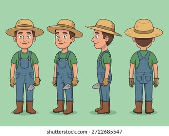 Um personagem de um fazendeiro de desenhos animados mostrado de frente, lado e de trás, vestindo macacão e um chapéu de palha.