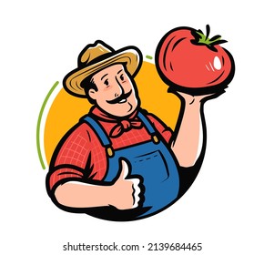 Cartoon farmer character with tomato emblem. Fresh organic vegetables logo vector illustration