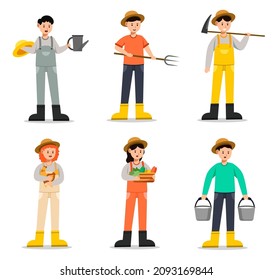 Cartoon farmer characters Agricultural work and harvest local products. Set of announcement for seasonal agricultural fair isolated. Design element for graphic designer use in artwork, website