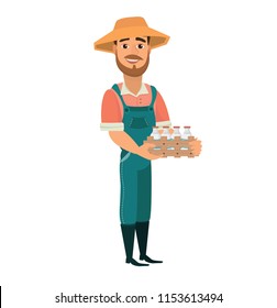 Cartoon farmer. Cheerful bearded man as farm worker. Character dressed in jumpsuit, boots and straw hat and holding box of milk bottles. Isolated vector illustration for your project