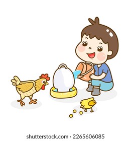 Cartoon farmer and chicken character.