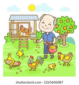 Cartoon farmer and chicken character.