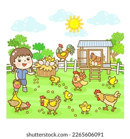 Cartoon farmer and chicken character.