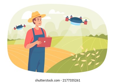 Granjero de caricaturas controlando drones en el campo. Escena de cultivo inteligente en aldea, hombre con dispositivo móvil de ilustración vectorial plana. Industria agrícola, tecnología, concepto de agricultura digital para banners