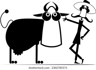 Cartoon farmer and cow.
Cattle farm. Funny long mustache man in the hat and cow. Black and white illustration
