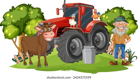 Cartoon farmer, cow, chicken on a sunny day.