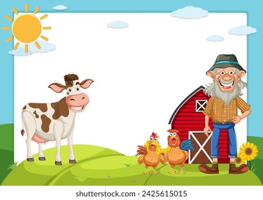 Cartoon farmer, cow, chickens near a red barn.