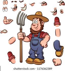 Cartoon farmer with different expressions holding a pitchfork. Vector clip art illustration with simple gradients. Some elements on separate layers. 

