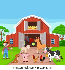 Cartoon farmer and farm animals in the barnyard