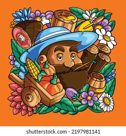 Cartoon farmer with food at nature flowers