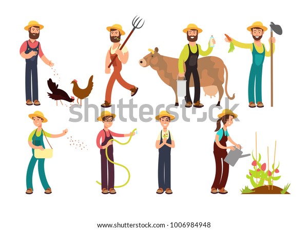 道具と動物のベクター画像セットを持つ漫画の農家と庭師 農業 農業 牛のイラスト のベクター画像素材 ロイヤリティフリー