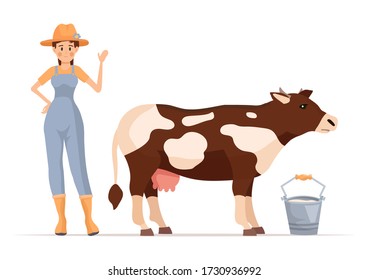 Cartoon farmer girl character with cow vector illustration isolated on white background. Worker and domestic animal. 