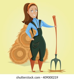 Cartoon farmer girl character. Vector illustration in retro style