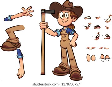 Cartoon farmer girl with different expressions holding a hoe. Vector clip art illustration with simple gradients. Some elements on separate layers. 
