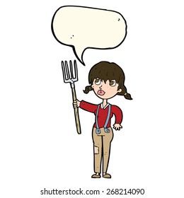 cartoon farmer girl with speech bubble