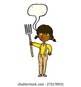 cartoon farmer girl with speech bubble