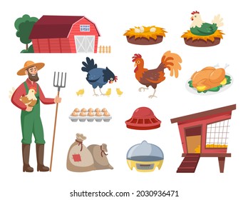 Cartoon farmer with hen and equipment vector illustrations set. Poultry farm, barn, chicken coop, different domestic birds, eggs and nests isolated on white background. Farming, agriculture concept