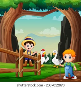 Cartoon farmer with his farm animals in the stable