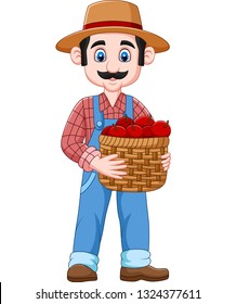 Cartoon farmer holding a basket of apples