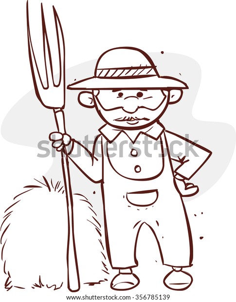 Cartoon Farmer Holding Rake Black White Stock Vector (Royalty Free ...