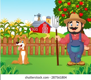 Cartoon farmer holding a rake with dog 