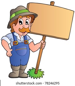 Cartoon farmer holding wooden board - vector illustration.
