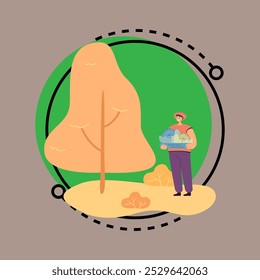 Granjero de la historieta que sostiene el caso de madera con la Ilustración vectorial del repollo. Hombre complacido con la rica cosecha. Agricultura, jardinería, otoño, concepto de estación para el Anuncio o el Diseño web