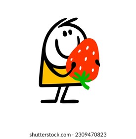 Cartoon farmer holds a strawberry berry from a new crop. Vector illustration of a stickman with healthy food. Isolated image on white background.