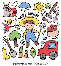 Niña agricultora de caricaturas en elemento vector de ilustraciones de estilo Doodle