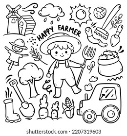 Cartoon Farmer Kid in Doodle Style Illustration Vector Element