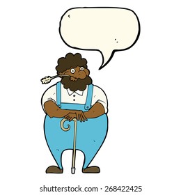 cartoon farmer leaning on walking stick with speech bubble